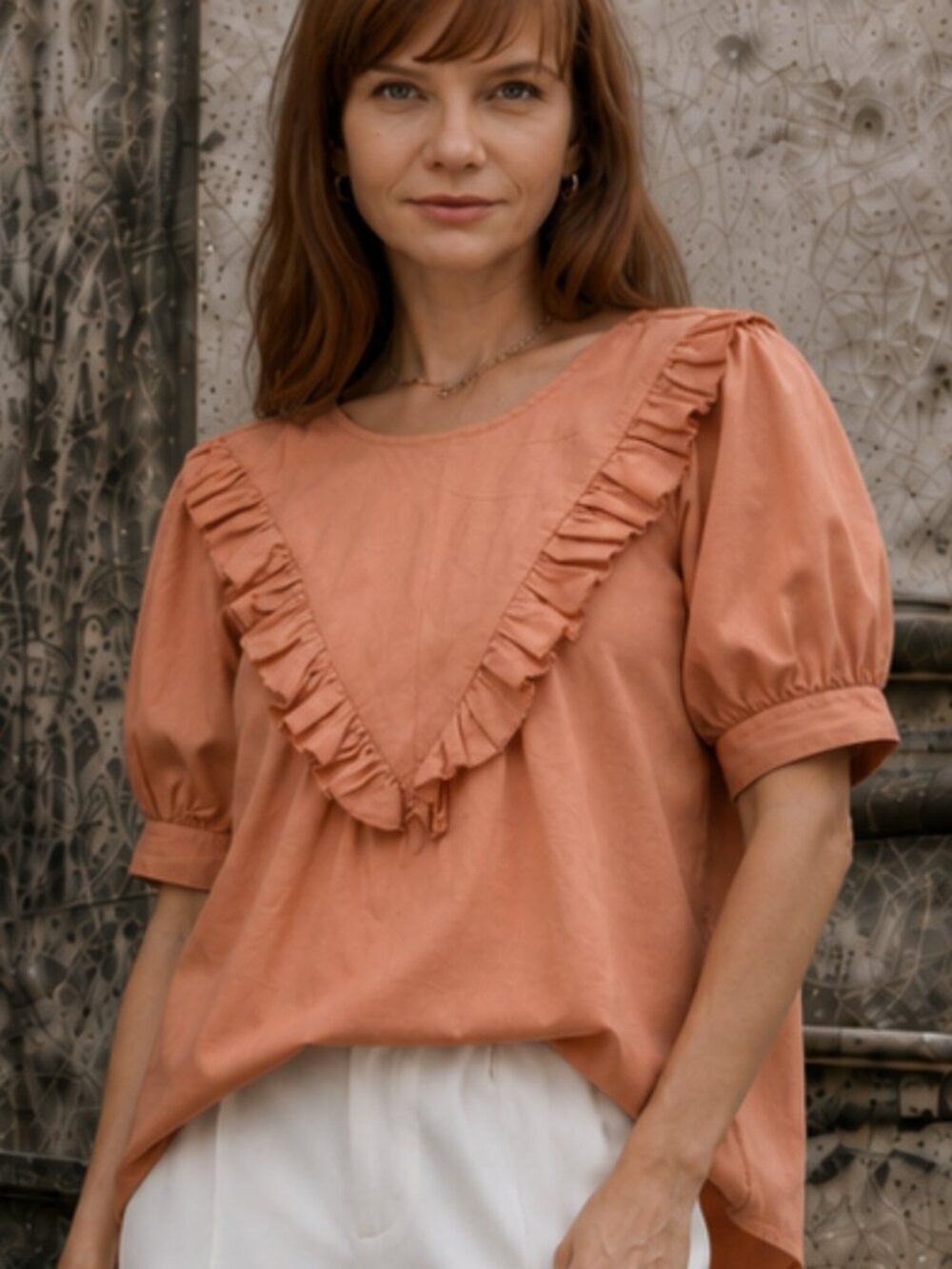 DOWNEAST ~ Salmon Colored Ruffle Peasant Top
